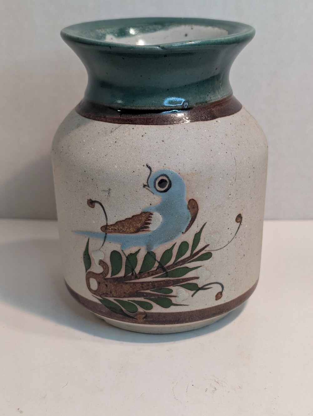 Mexican Folk Art Pottery Vase With Blue Bird Marked Signed